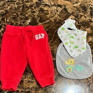 GAP Red Baby Sweatpants and Dinosaur Bib Set